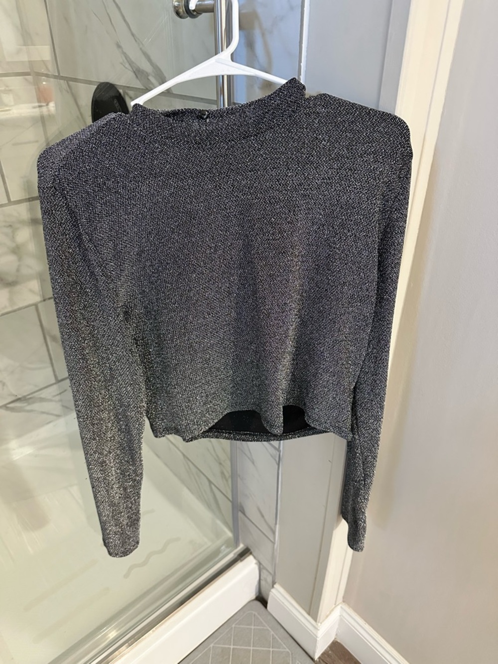 H&M Shimmery Black Silver Long-Sleeve Crop Top